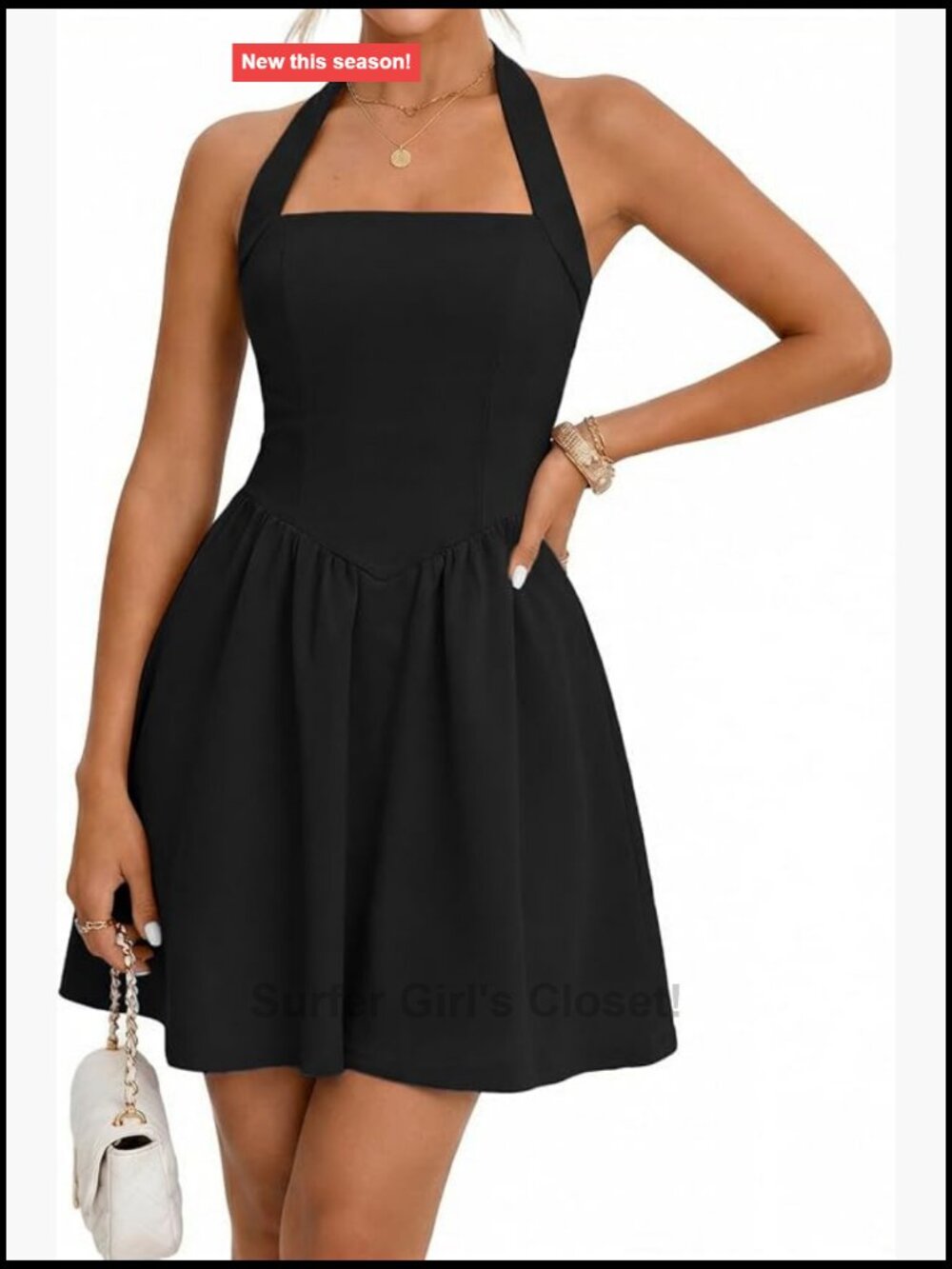 Halter Mini Dress Ruched Waist Backless Pockets A-Line Sleeveless